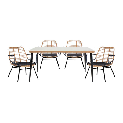 Dining table Naoki A pakoworld set of 5 natural rattan-black metal-glass 160x90x78cm