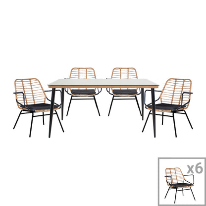 Dining table Naoki B pakoworld set of 7 natural rattan-black metal-glass 160x90x78cm