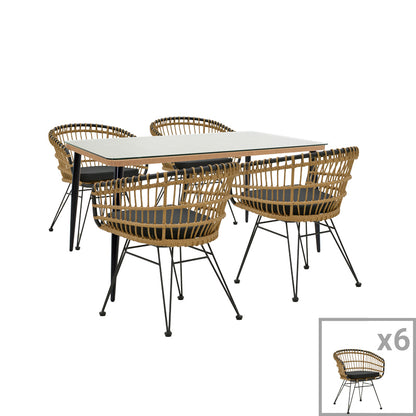 Dining table Naoki C pakoworld set of 7 natural rattan-black metal-glass 160x90x78cm