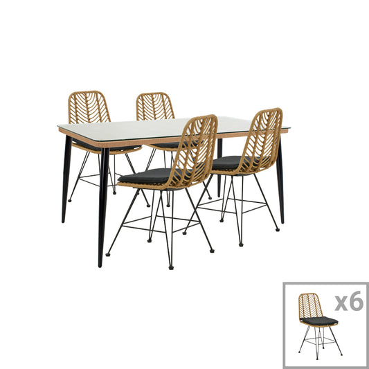 Naoki D pakoworld dining table set of 7 natural rattan-black metal-glass 160x90x78cm