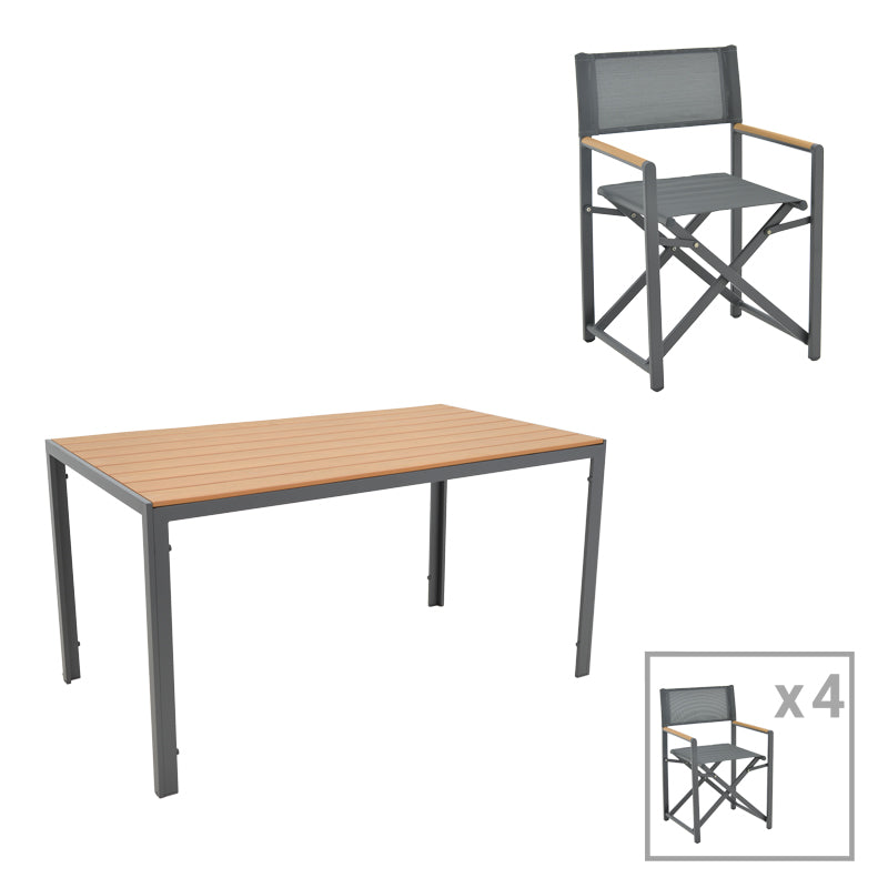 Mabu-Nares dining table set of 5 pakoworld anthracite aluminum and plywood in natural color 140x80x72.5cm