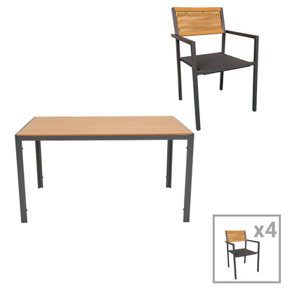 Dining table Savor-Nares set of 5 pakoworld anthracite aluminum and plywood-rattan in natural color 140x80x72.5cm