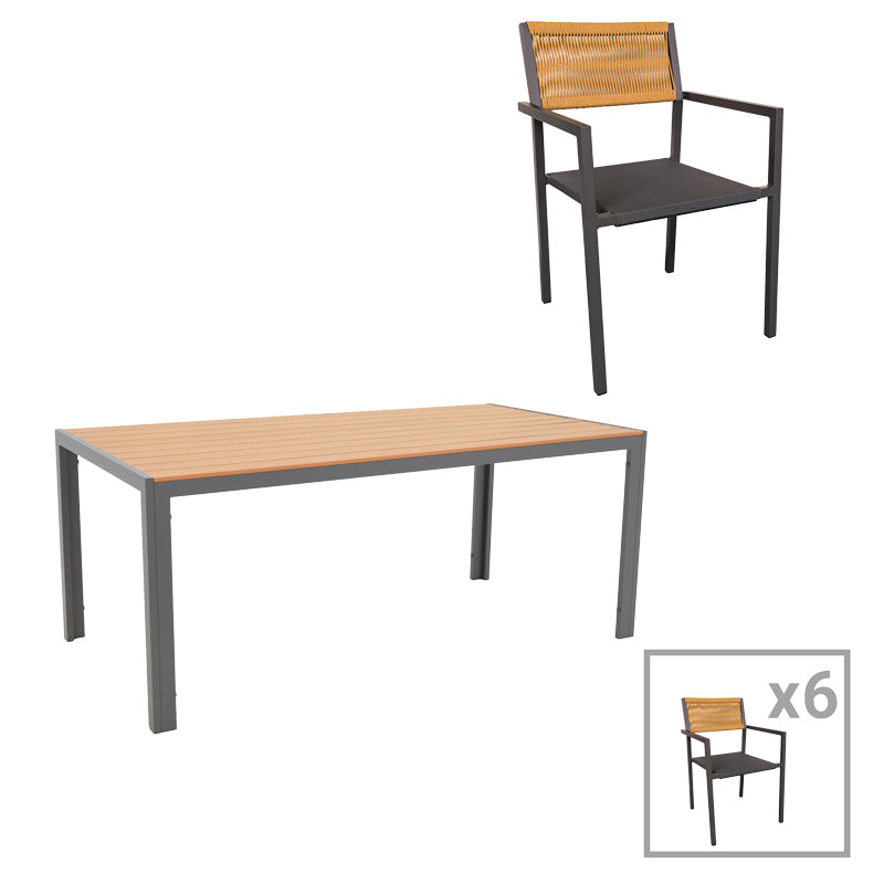 Dining table Savor-Nares set of 7 pakoworld anthracite aluminum and plywood-rattan in natural color 180x90x72.5cm