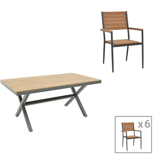 Dining table Vitality-Thorio set of 7 pakoworld anthracite aluminum and plywood in a natural shade 160x90x75cm