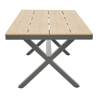 Dining table Nortune-Thorio set of 7 pakoworld anthracite aluminum and plywood in natural shade 160x90x75cm