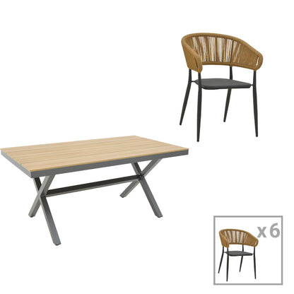 Dining table Raven -  Thorio set of 7 pakoworld anthracite aluminum and plywood in a natural shade 160x90x75cm