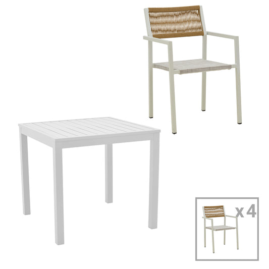 Dining table Savor-Kliton set of 5 pakoworld white aluminum and rattan in natural color 80x80x74cm