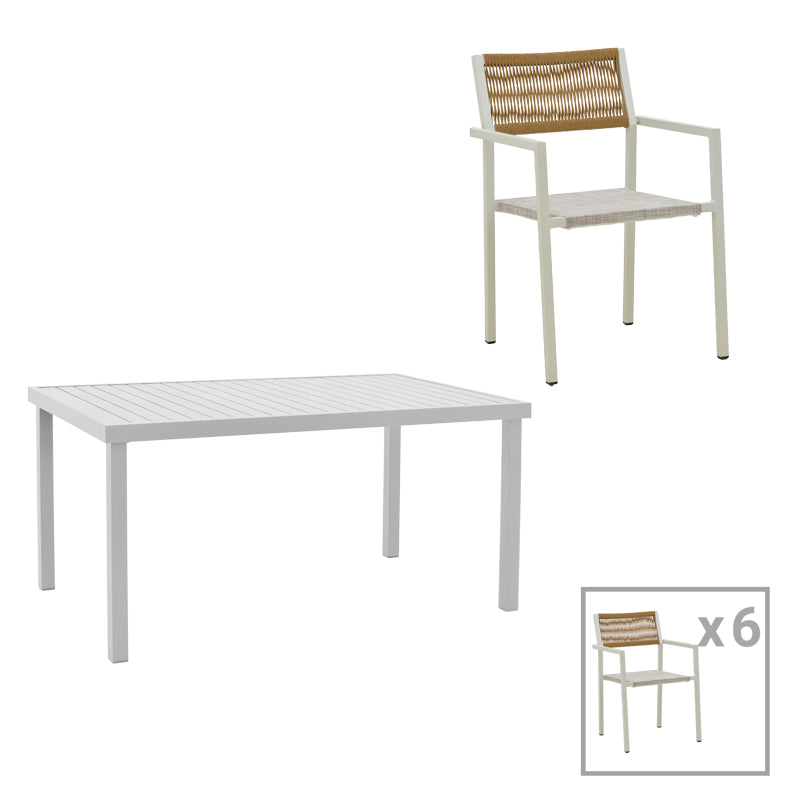 Dining table Kliton - Savor set of 7 pakoworld aluminum in white shade 150x80x74cm