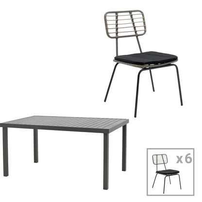 Dining table Naoki-Kliton A set of 7 pakoworld black metal and anthracite aluminum 150x80x74cm