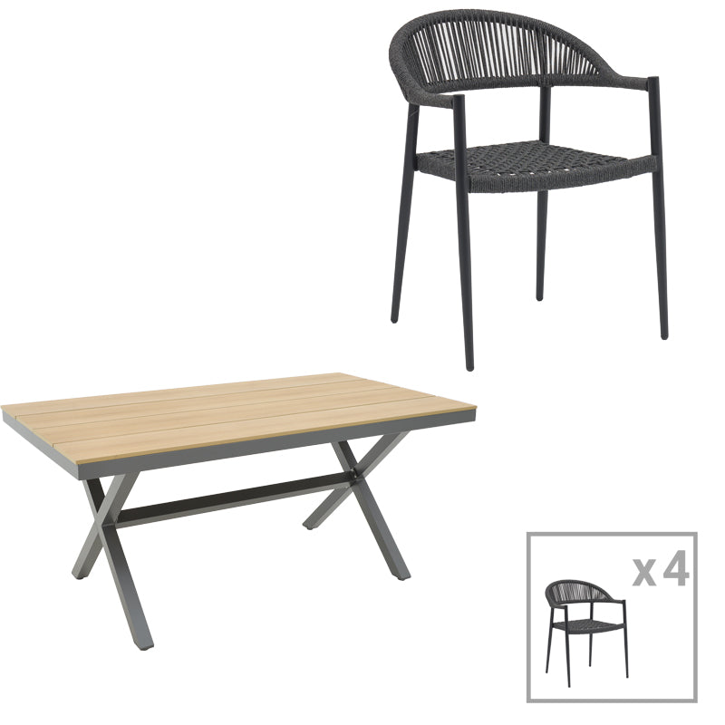 Dining table Thorio- Freiburg set of 5 pakoworld anthracite aluminum and plywood in natural shade 160x90x75cm