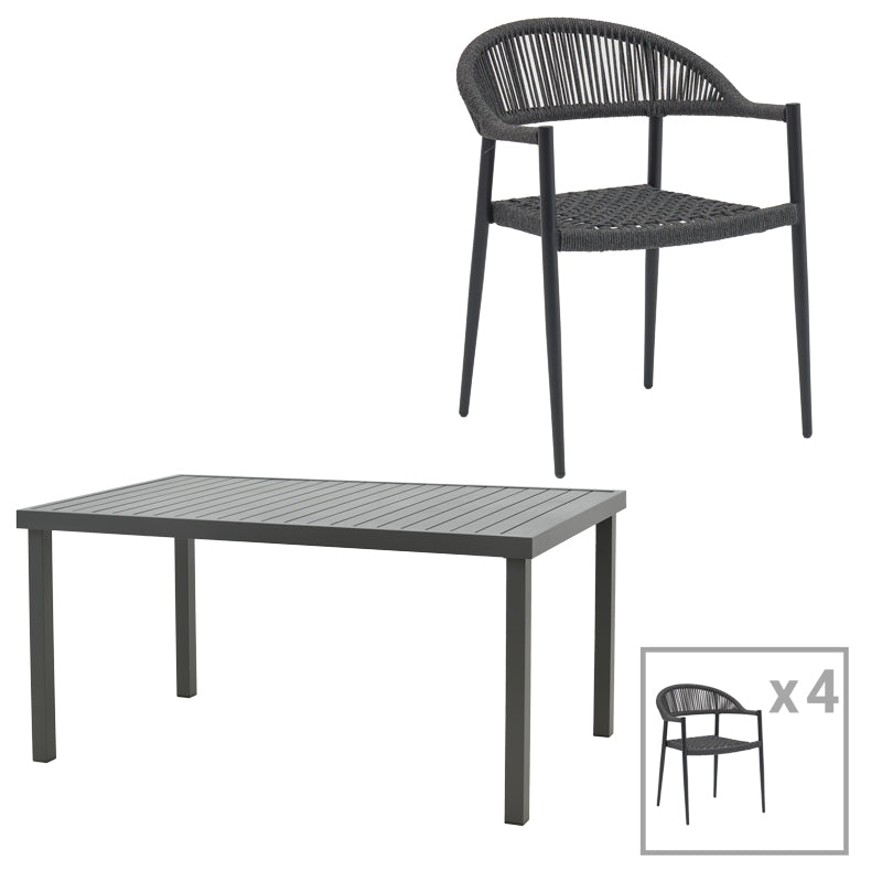 Dining table Freiburg-Kliton A set of 5 pakoworld aluminum and rope in anthracite shade 150x80x74cm