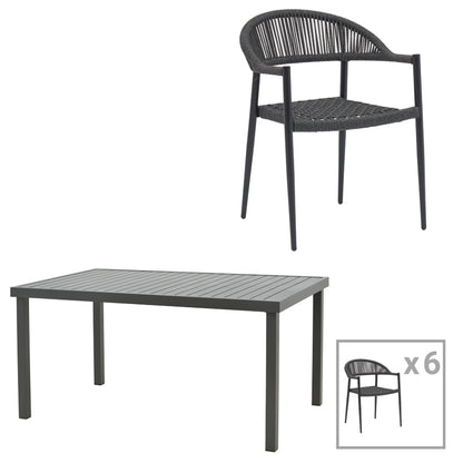 Dining table Freiburg-Kliton A set of 7 pakoworld aluminum and rope in anthracite shade 150x80x74cm