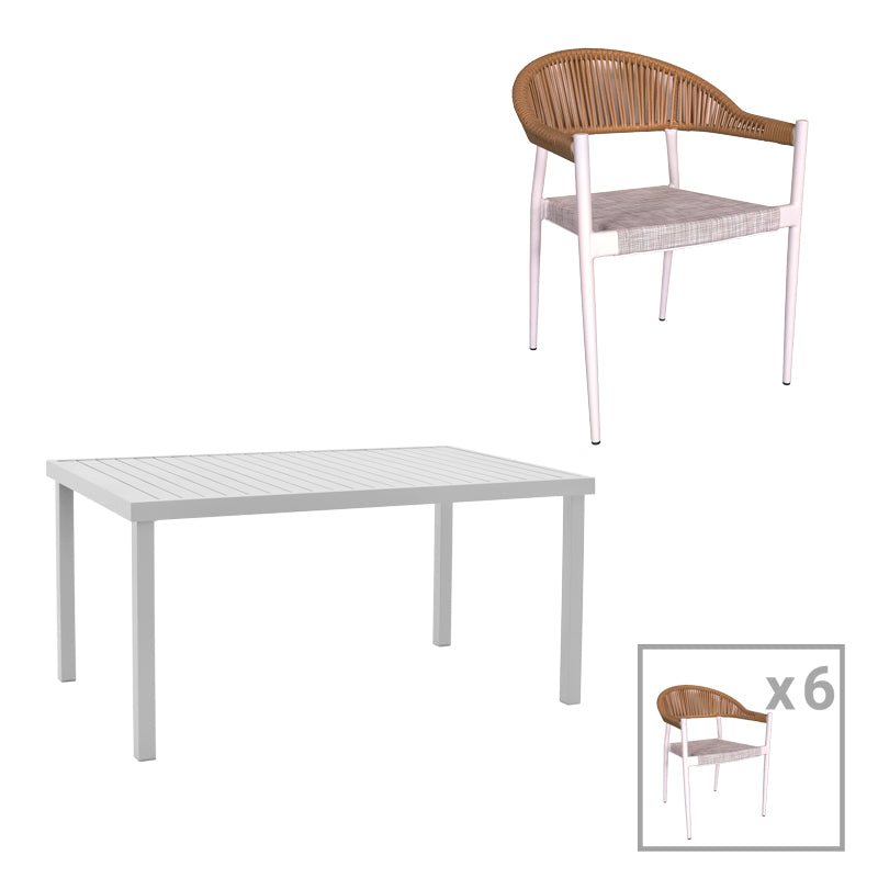 Kliton-Elation dining table set of 7 pakoworld aluminum in white shade 150x80x74cm