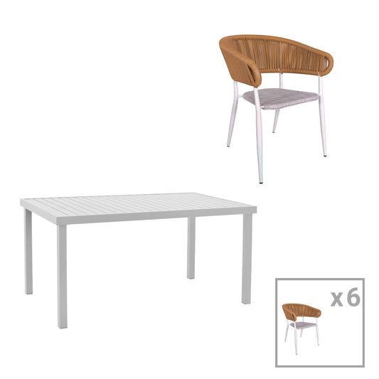 Dining table Kliton-Raven set of 7 pakoworld aluminum in white shade 150x80x74cm