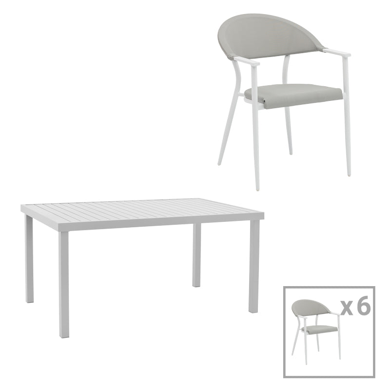 Dining table Kliton-Pino set of 7 pakoworld aluminum in white shade 150x80x74cm