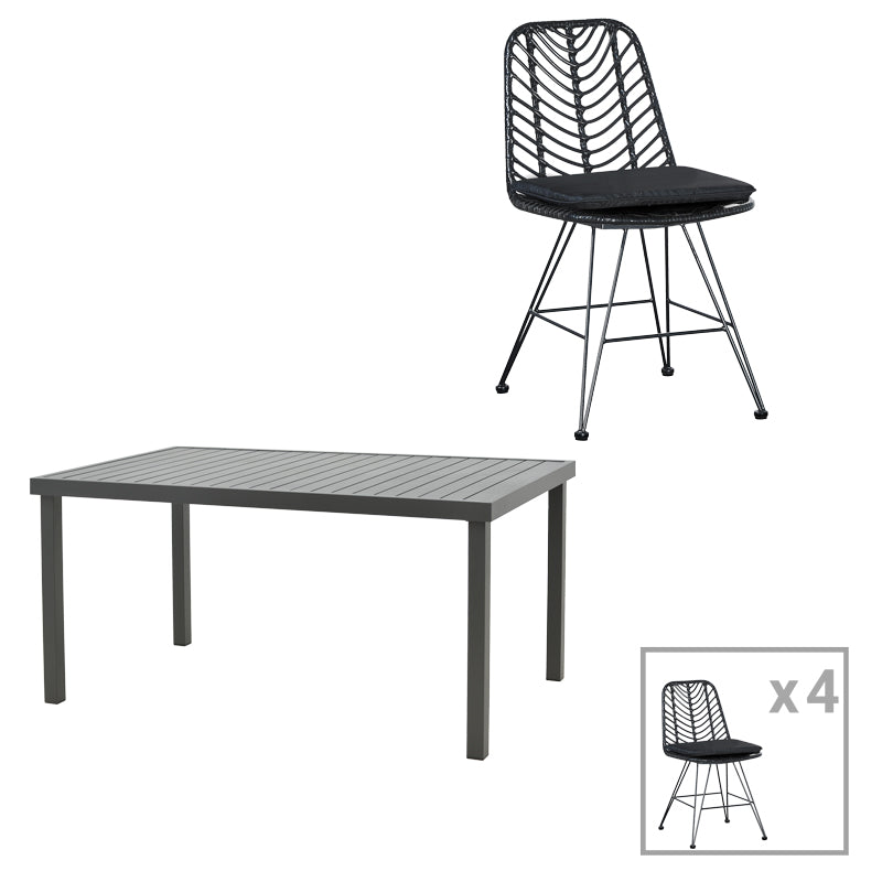 Dining table Naoki-Kliton I set of 5 pakoworld anthracite aluminum and pe rattan in black shade 150x80x74cm