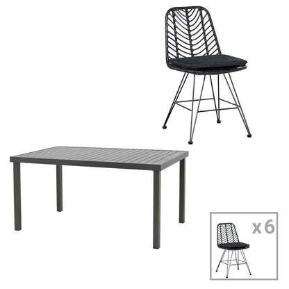 Dining table Naoki-Kliton II set of 7 pakoworld anthracite aluminum and pe rattan in black shade 150x80x74cm