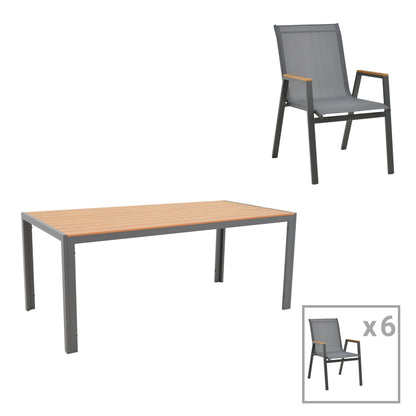 Dining table Nares-Azelie set of 7 pakoworld anthracite aluminum and plywood in natural shade 180x90x72.5cm