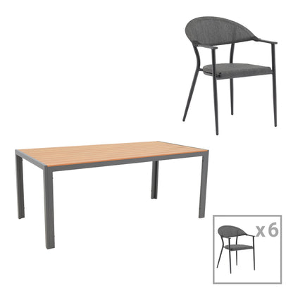 Dining table Nares-Pino set of 7 pakoworld anthracite aluminum and plywood in natural shade 180x90x72.5cm