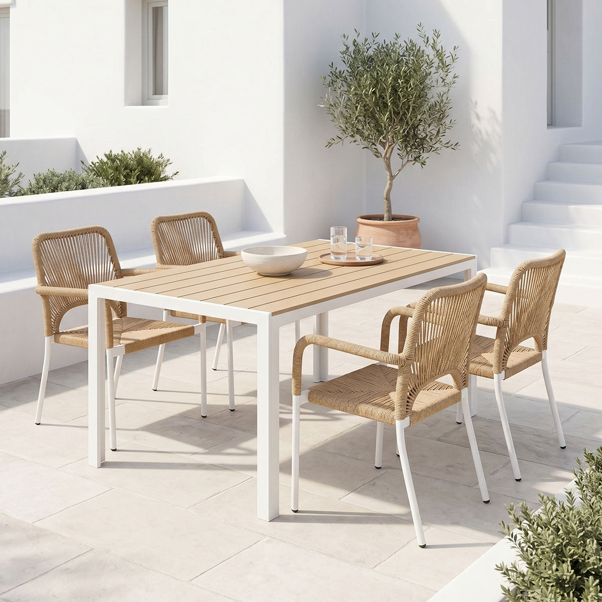 Dining table Nares-Norture A set of 5 white aluminum and plywood in a natural shade 140x80x72.5cm