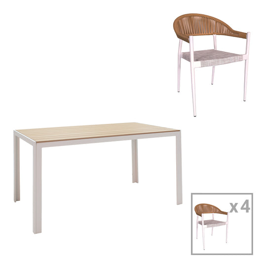 Dining table Nares-Elation set of 5 pakoworld white aluminum and plywood in natural shade 140x80x72.5cm