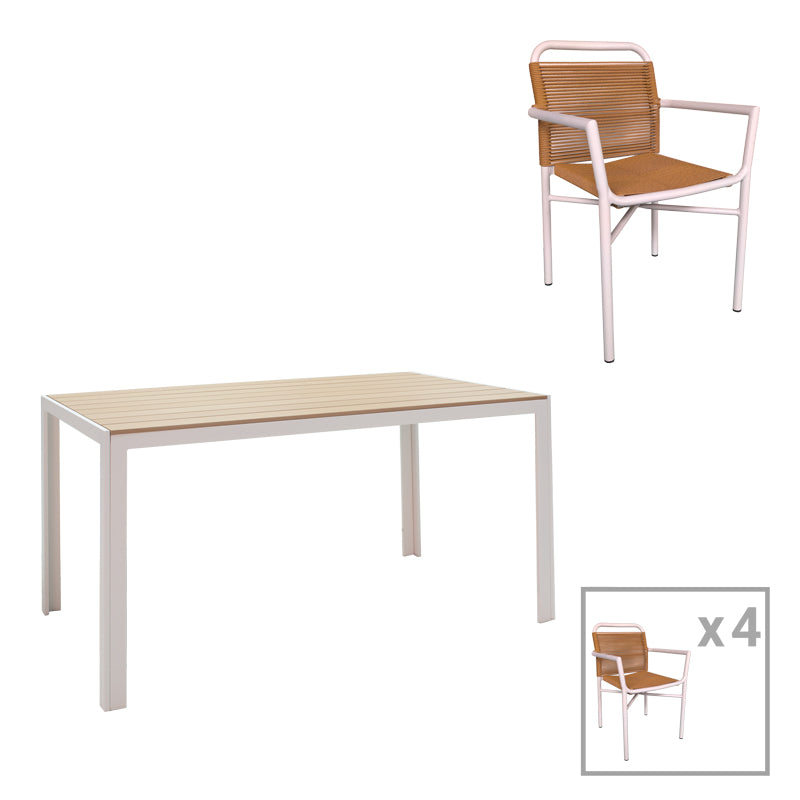 Dining table Nares-Clutch A set of 5 pakoworld white aluminum and plywood in a natural shade 140x80x72.5cm