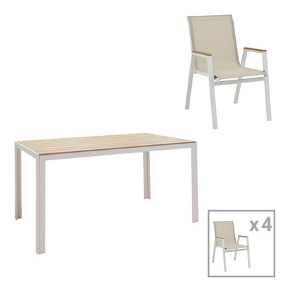 Dining table Nares-Azelie A set of 5 pakoworld white aluminum and plywood in a natural shade 140x80x72.5cm