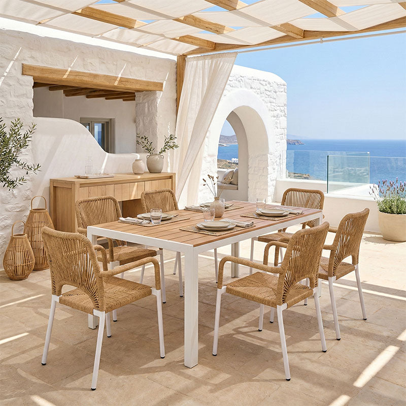 Dining table Nares-Norture B set of 7 white aluminum and plywood in a natural shade 180x90x72.5cm
