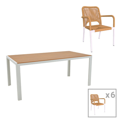 Dining table Nares-Norture B set of 7 pakoworld white aluminum and plywood in a natural shade 180x90x72.5cm