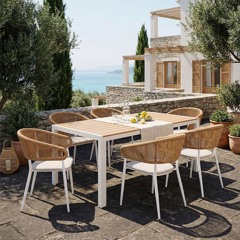Dining table Nares-Raven B set of 7 white aluminum and plywood in a natural shade 180x90x72.5cm