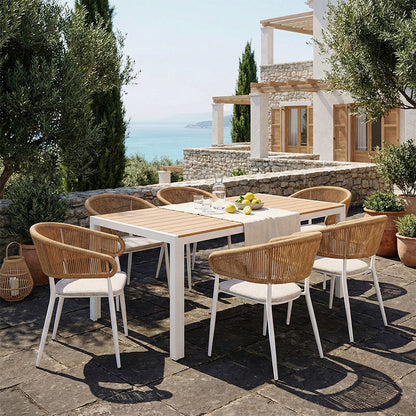 Dining table Nares-Raven B set of 7 white aluminum and plywood in a natural shade 180x90x72.5cm