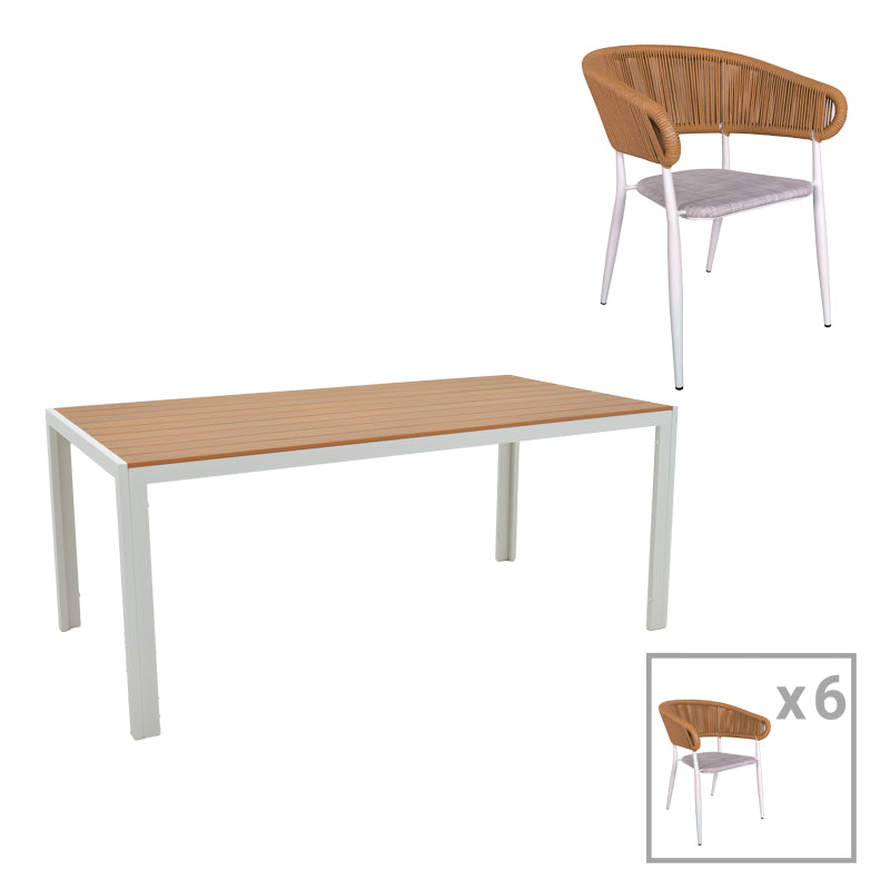 Dining table Nares-Raven B set of 7 pakoworld white aluminum and plywood in a natural shade 180x90x72.5cm