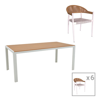 Dining table Nares-Elation A set of 7 pakoworld white aluminum and plywood in a natural shade 180x90x72.5cm