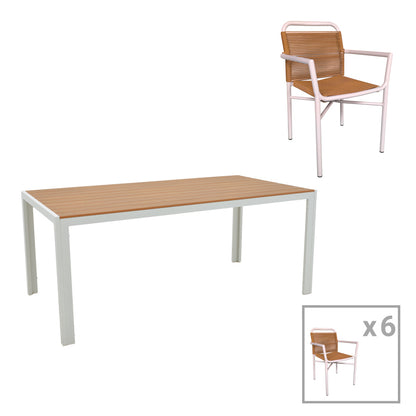 Dining table Nares-Clutch B set of 7 pakoworld white aluminum and plywood in a natural shade 180x90x72.5cm