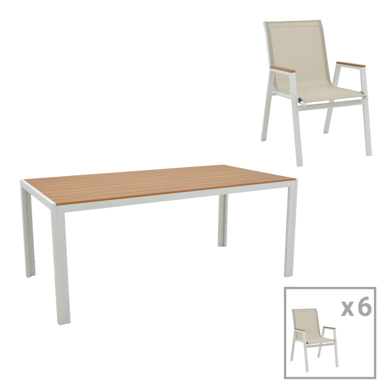 Dining table Nares-Azelie B set of 7 pakoworld white aluminum and plywood in a natural shade 180x90x72.5cm