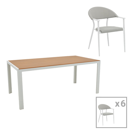 Dining table Nares-Pino B set of 7 pakoworld white aluminum and plywood in a natural shade 180x90x72.5cm