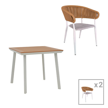 Dining table Synergy-Raven set of 3 pakoworld white aluminum and plywood in natural color 80x80x74cm