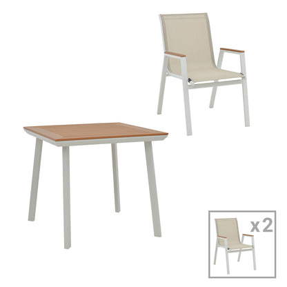 Dining table Synergy-Azelie set of 3 pakoworld white aluminum and plywood in natural color 80x80x74cm