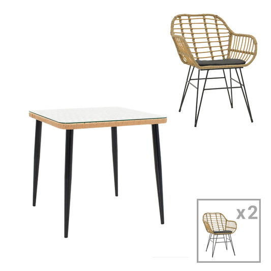 Naoki V dining table set of 3 pakoworld rattan pe in natural shade and black metal 80x80x78cm