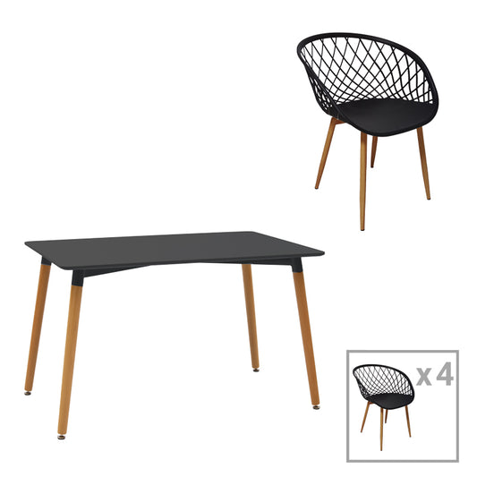 Ezra-Natali dining table set of 5 pp-mdf in black-natural color 120x80x76cm
