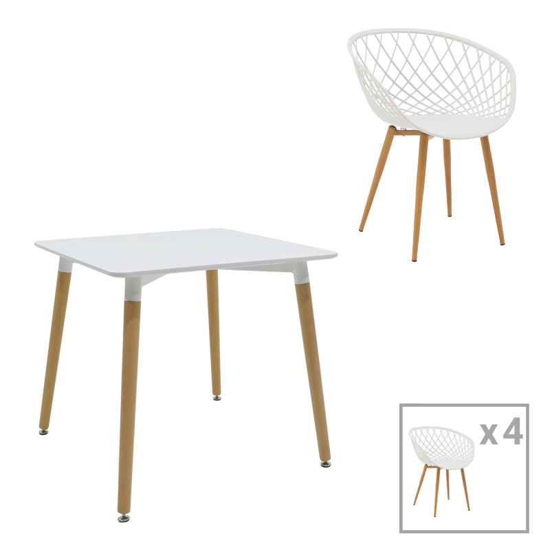 Ezra-Natali pakoworld dining table set of 5 pp-mdf in white-natural color 80x80x76cm