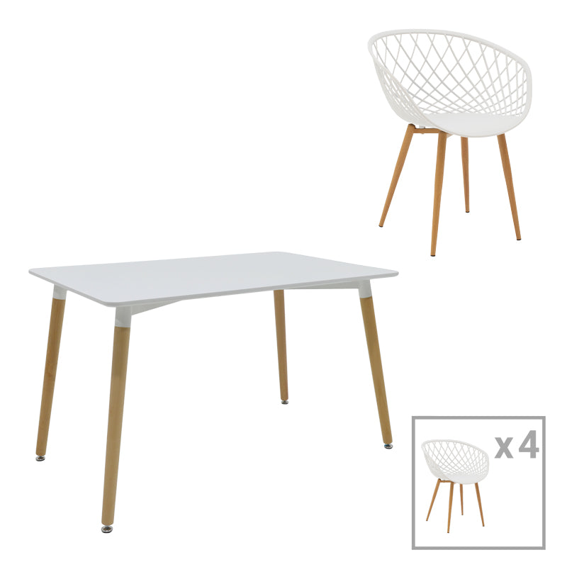 Ezra-Natali dining table set of 5 pp-mdf in white-natural color 120x80x76cm
