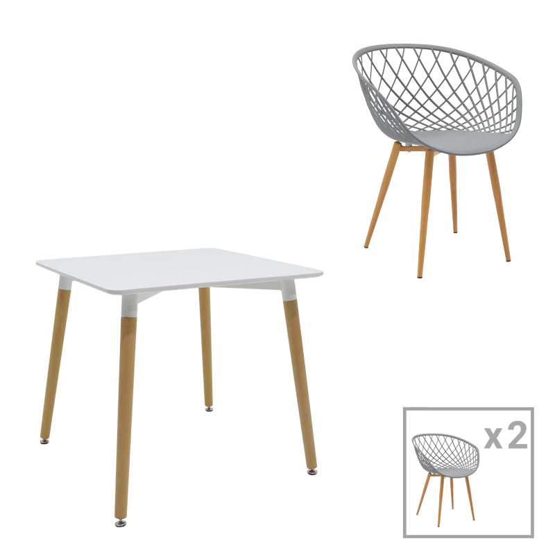 Ezra-Natali pakoworld dining table set of 3 pp-mdf in grey-white color with natural legs 80x80x76cm