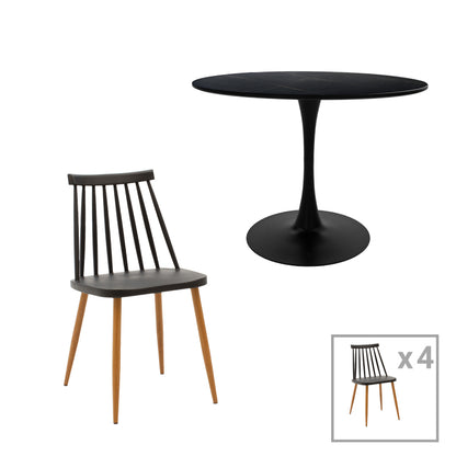 Aurora-Balou I pakoworld dining table set of 5 pp-mdf in black-natural color D120x75cm