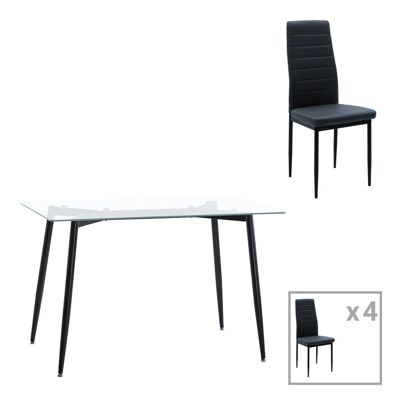 Dining table set of 5 pieces Quana-Parker clear glass-black color leg 120x70x75cm