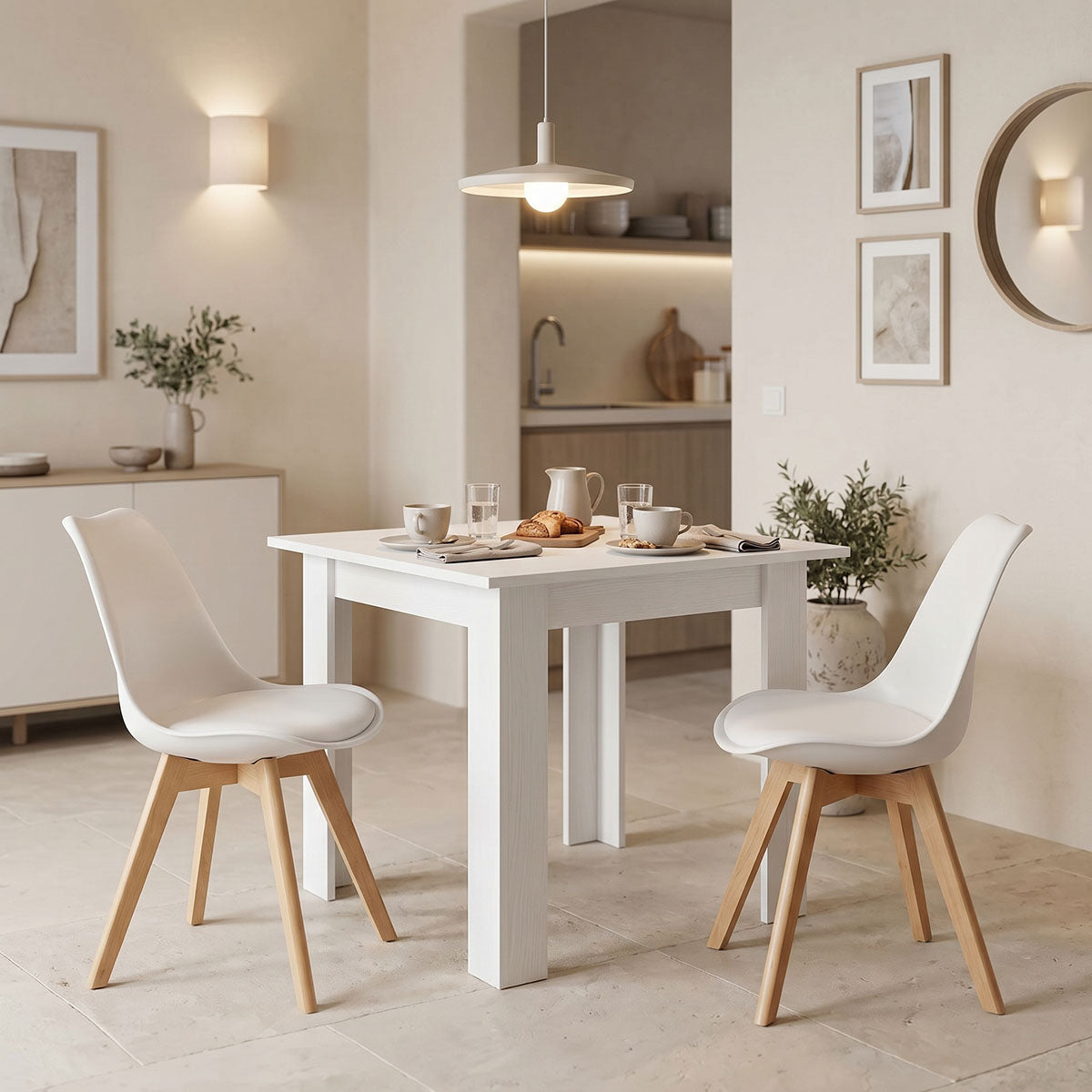 Dining table set of 3 pieces Manka-Gaston in white color 80x80x77cm