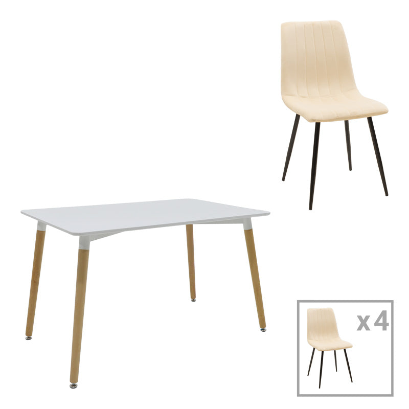 Dining table Natali-Noor set of 5 pcs MDF white-beige-natural legs 120x80x76cm