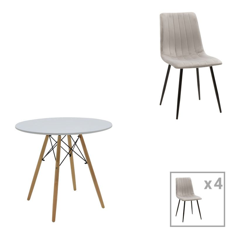 Dining table Julita-Noor set of 5 pcs MDF white-grey-natural legs D80x76cm