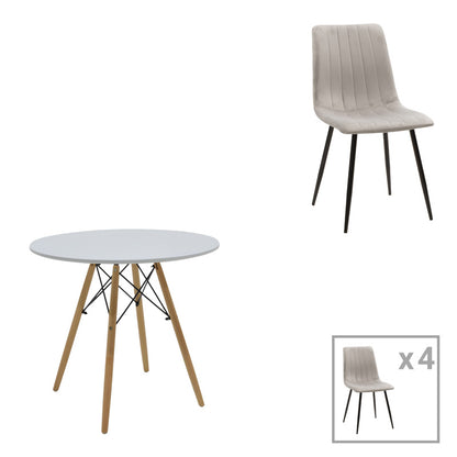 Dining table Julita-Noor set of 5 pcs MDF white-grey-natural legs D80x76cm