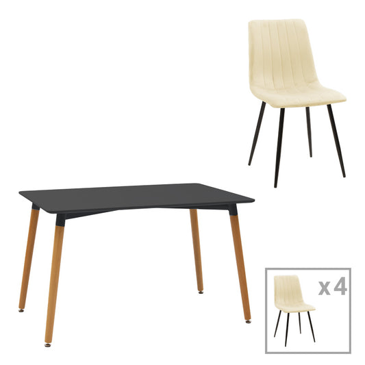 Dining table Natali-Noor set of 5 pcs MDF black-beige fabric 120x80x76cm